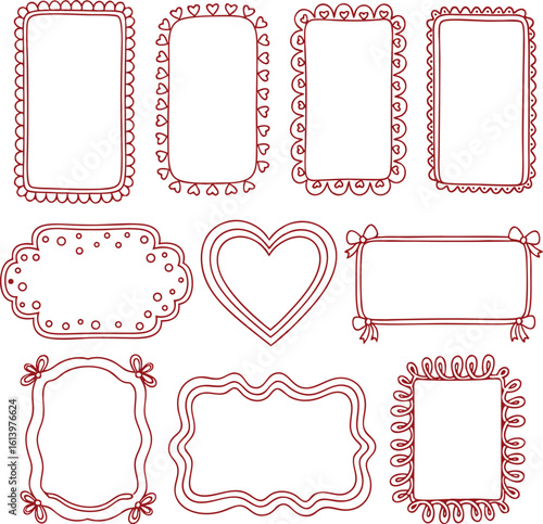 Hand-drawn collection of various decorative frames and borders in a whimsical brown line art style.