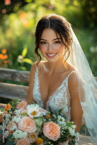 Beautiful Bride With Floral Bouquet in a Garden Setting During Golden Hour