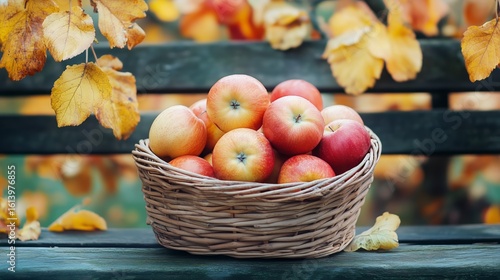 Freshly Picked Apples in a Woven Basket Surrounded by Autumn Leaves on a Wood...