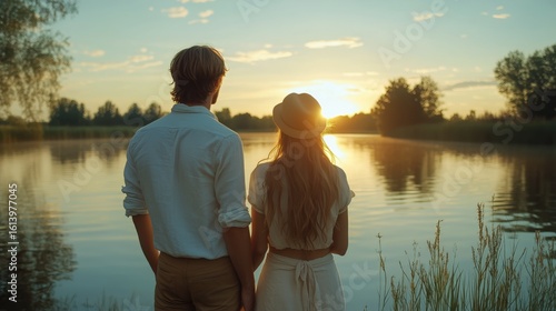Couple Watching Sunset by the Lake in the Summer