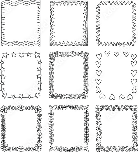 Nine hand drawn black and white decorative frames and borders vector illustrations