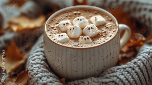Warm Cozy Beverage With Marshmallow Ghosts Surrounded by Autumn Leaves and Kn...
