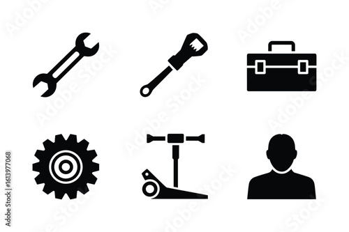 Wrenches toolbox gear scooter person silhouette icons spanner bottle opener