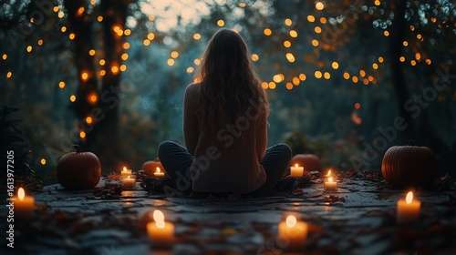 Woman Meditating Surrounded by Candles and Pumpkins in a Serene Forest Settin...