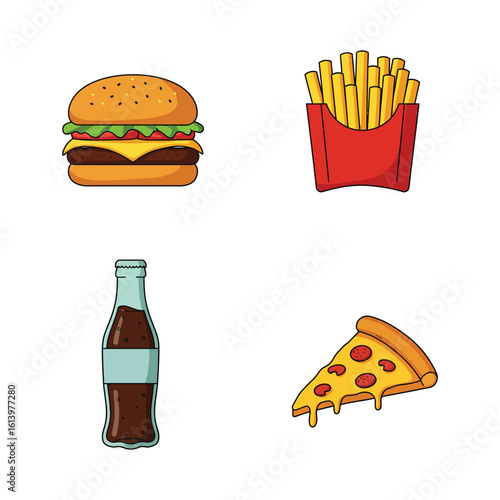Cartoon Fast Food Icons Burger Fries Soda and Pizza Slice