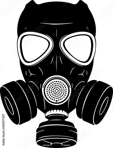 Gas Mask Icon: A detailed illustration of a gas mask, depicted in a bold black and white design, symbolizing protection, danger, and survival.
