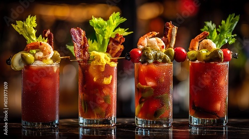 Four creative Bloody Mary presentations lined up on a bar counter with unique garnishes