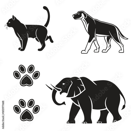 Silhouette illustration of various animals including dogs cats and wild mammals
