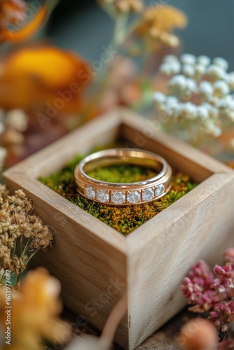 Elegant Gold Ring Adorned With Sparkling Gems Nestled in a Wooden Box Surroun...