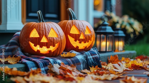 Carved Pumpkins With Glowing Faces and Autumn Leaves at a Cozy Porch During H...
