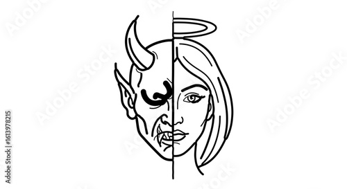 Angel and devil face illustration, good versus evil concept, duality of human nature, black and white art