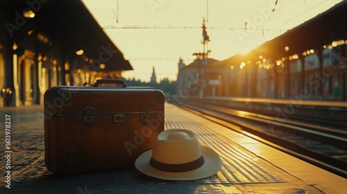 Vintage Suitcase and Straw Hat at Sunset on a Train Platform in a Quiet Station