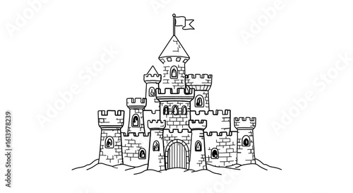 Castle drawing outline illustration medieval fantasy architecture fairytale kingdom building design sketch art