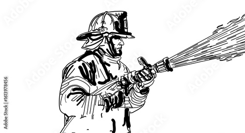 Firefighter spraying water illustration vector drawing for emergency services and fire safety equipment use