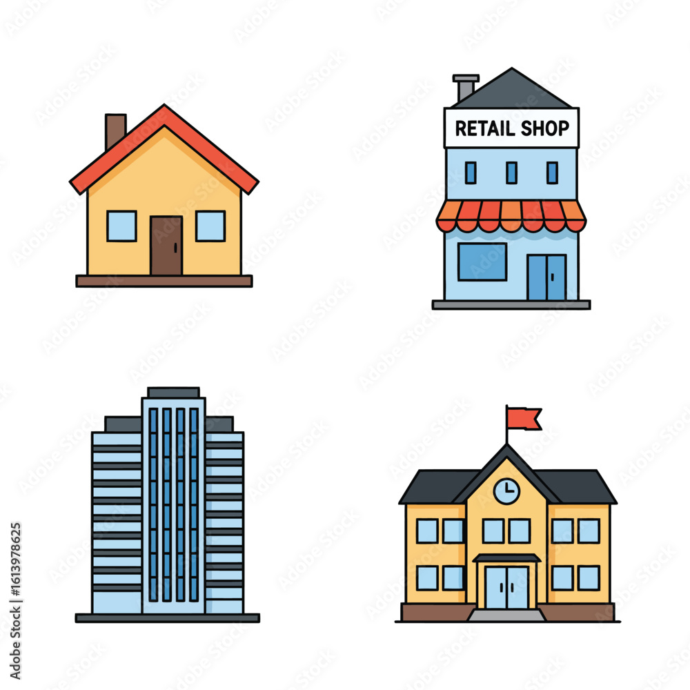 Fototapeta premium Collection of building icons including house shop skyscraper and school