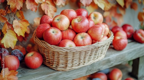 Freshly Picked Apples in a Woven Basket Surrounded by Autumn Leaves on a Wood...