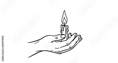 Hand holding candle drawing vector illustration light flame hope remembrance memorial spiritual meditation 100