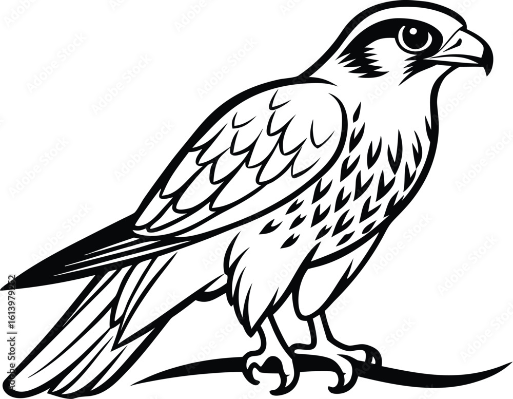 Fototapeta premium Falcon on branch, bird silhouette line art, perched raptor drawing, wildlife vector illustration, minimal nature scene