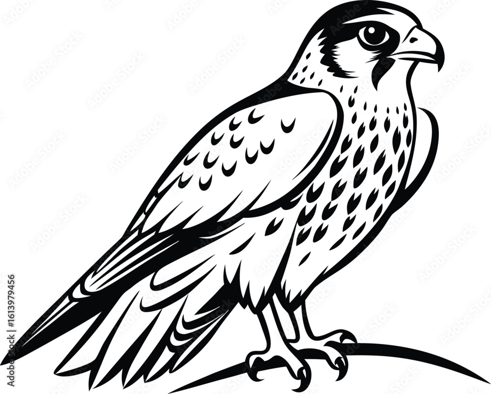 Fototapeta premium Falcon on branch, bird silhouette line art, perched raptor drawing, wildlife vector illustration, minimal nature scene