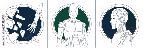 Three stylized illustrations of androids, depicting mechanical breakdown, a stoic robot portrait, and a detailed head with circuitry.