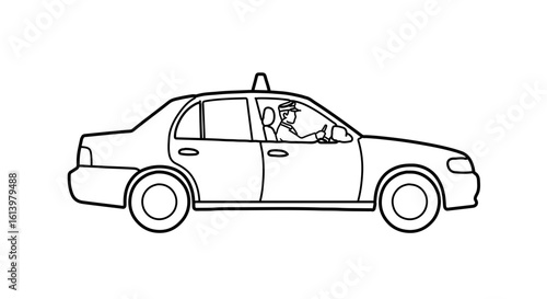 Taxi cab black and white outline drawing for coloring book pages and transportation design projects illustration