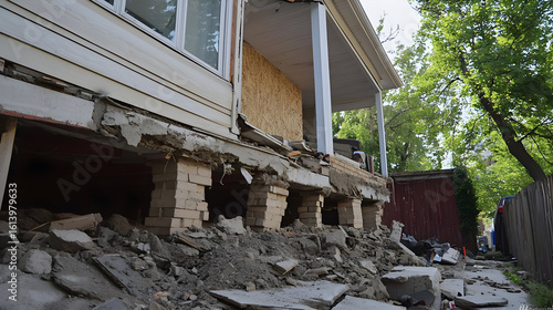 Damaged house foundation with debris and exposed supports.  Porch and exterior showing structural collapse