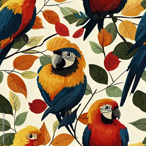 Colorful Macaws Among Vibrant Flowers and Leaves in a Tropical Design Setting.