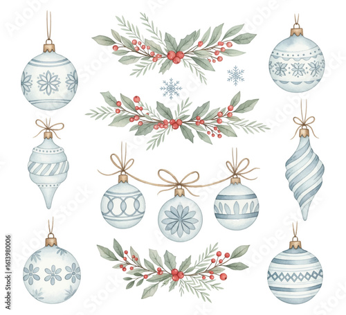 Christmas ball ornaments charming tree toys vector set. Elegant botanical elements holly branches with red berries and blue snowflakes, perfect for creating charming holiday cards.