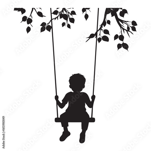 boy swinging on swing silhouette, Silhouette little boy playing swing in the playground , Child on a swing silhouette vector  