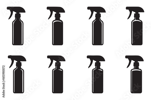 Eight black spray bottle silhouette illustrations on white background showcasing cleaning supplies