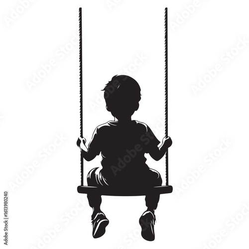 boy swinging on swing silhouette, Silhouette little boy playing swing in the playground , Child on a swing silhouette vector  