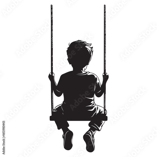 boy swinging on swing silhouette, Silhouette little boy playing swing in the playground , Child on a swing silhouette vector  