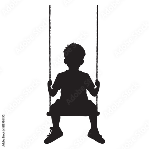 boy swinging on swing silhouette, Silhouette little boy playing swing in the playground , Child on a swing silhouette vector  
