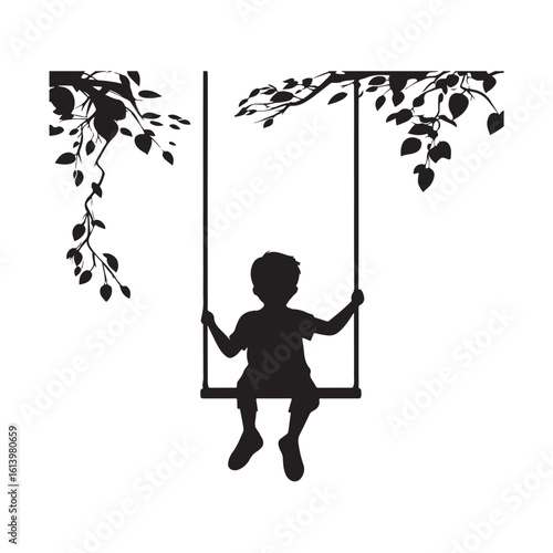 boy swinging on swing silhouette, Silhouette little boy playing swing in the playground , Child on a swing silhouette vector  