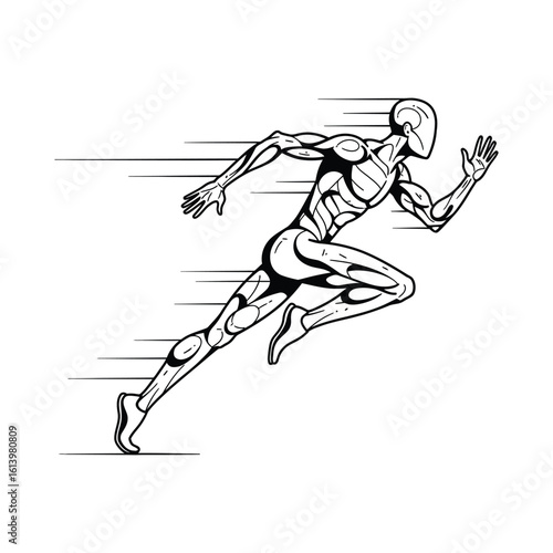 Stylized anatomical illustration of a running man showing speed and movement lines