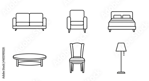 Outline Living Room and Bedroom Furniture Icons: Sofa, Armchair, Bed, Coffee Table, Dining Chair, and Lamp
