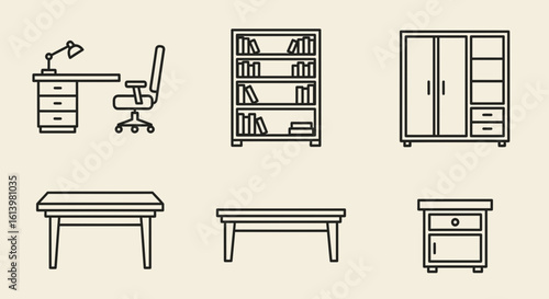 Outline Home and Office Furniture Icons: Desk, Chair, Bookshelf, Wardrobe, Tables, and Nightstand