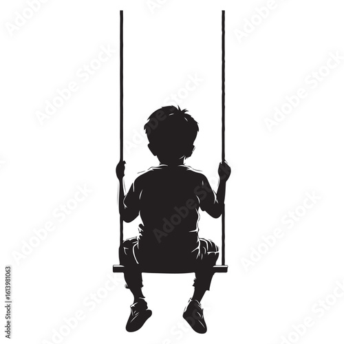 boy swinging on swing silhouette, Silhouette little boy playing swing in the playground , Child on a swing silhouette vector  