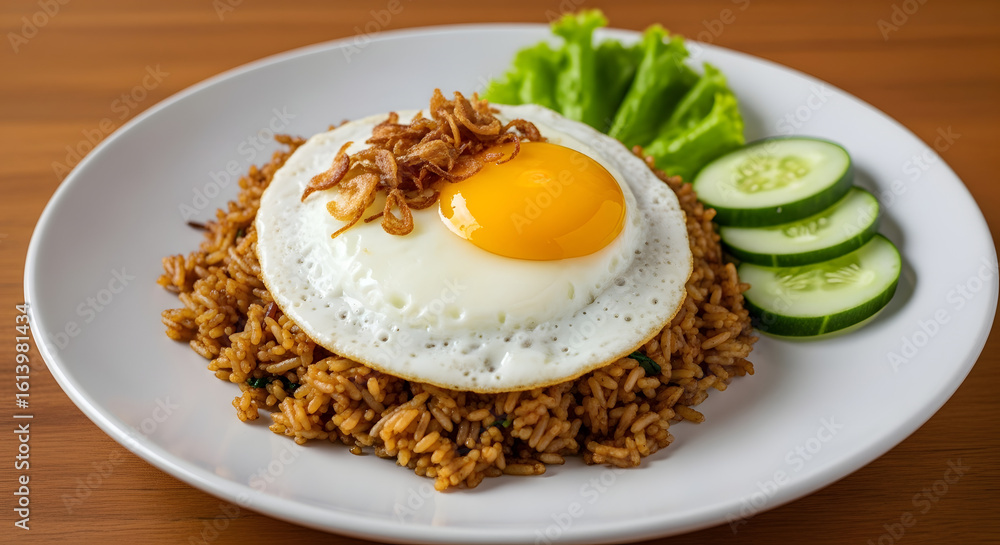 Nasi Goreng: Indonesian Fried Rice with Sunny-Side Up Egg, Crispy Shallots, Cucumber, and Lettuce on a White Plate Nasi Goreng: Indonesian Fried Rice with Sunny-Side Up Egg, Crispy Shallots, Cucumber, and Lettuce on a White Plate