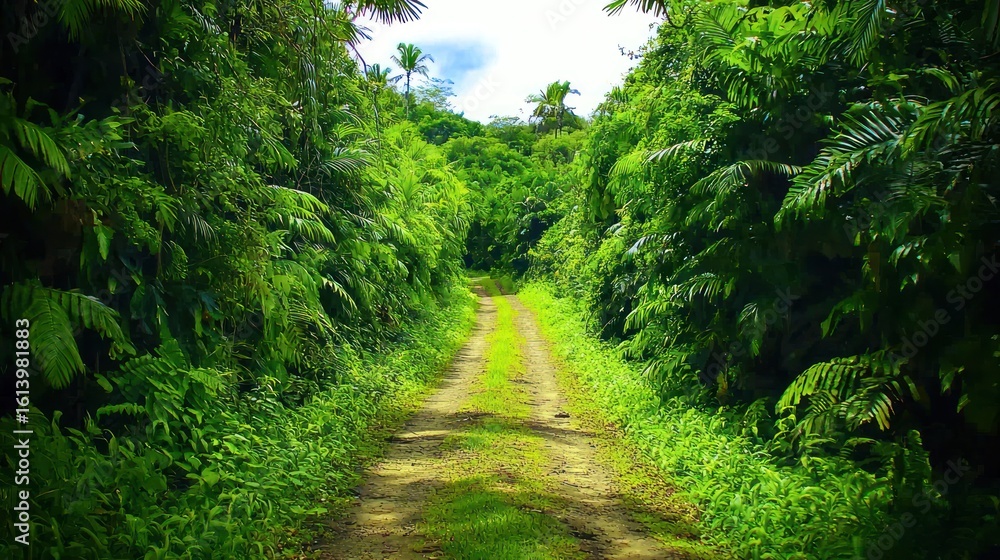 Naklejka premium A dirt path winds through lush, green tropical foliage under a bright sky.