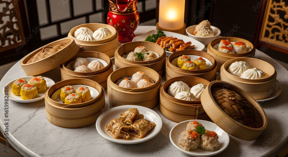 Naklejka premium Delicious Assortment of Dim Sum in Bamboo Steamers on Marble Table