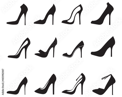 Collection of black high heel shoe silhouettes on a white background icon