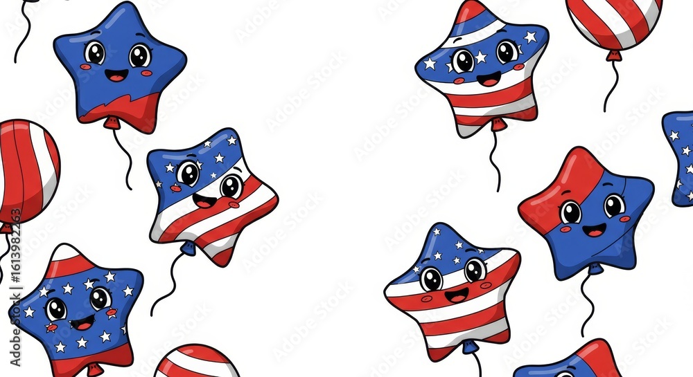 Fototapeta premium Patriotic Star Balloons Book Page Illustration - Festive cartoon star-shaped balloons in red, white, and blue, symbolizing celebration, freedom, joy, unity, and patriotism