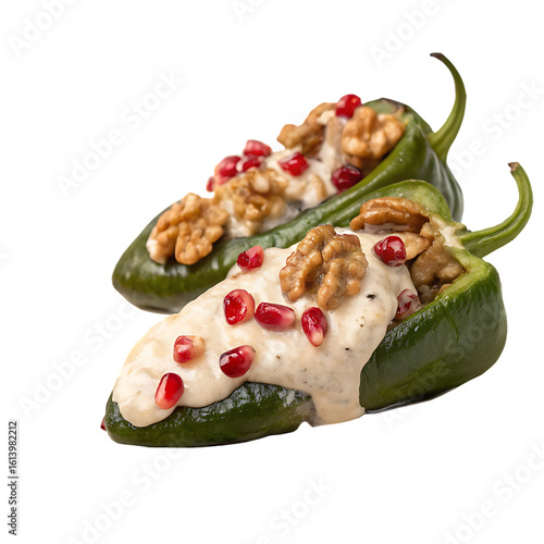 Two chiles en nogada, a traditional mexican dish of poblano peppers stuffed with meat and fruit, topped with walnut sauce and pomegranate seeds, isolated on transparent background
