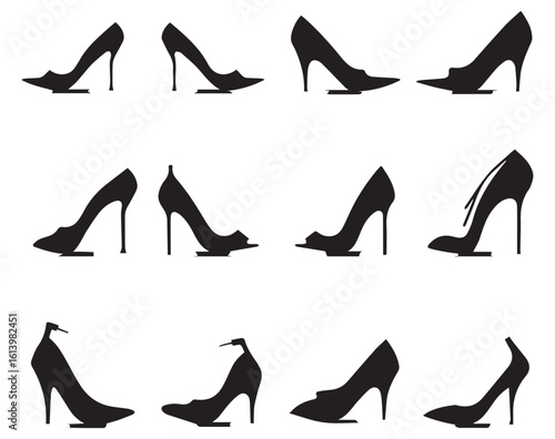 Different black high heel shoe silhouettes arranged in a grid on white background