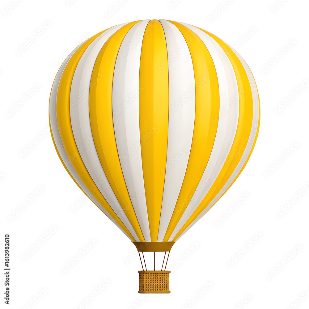 Fototapeta premium Bright yellow and white striped hot air balloon floating in the sky isolated on transparent background