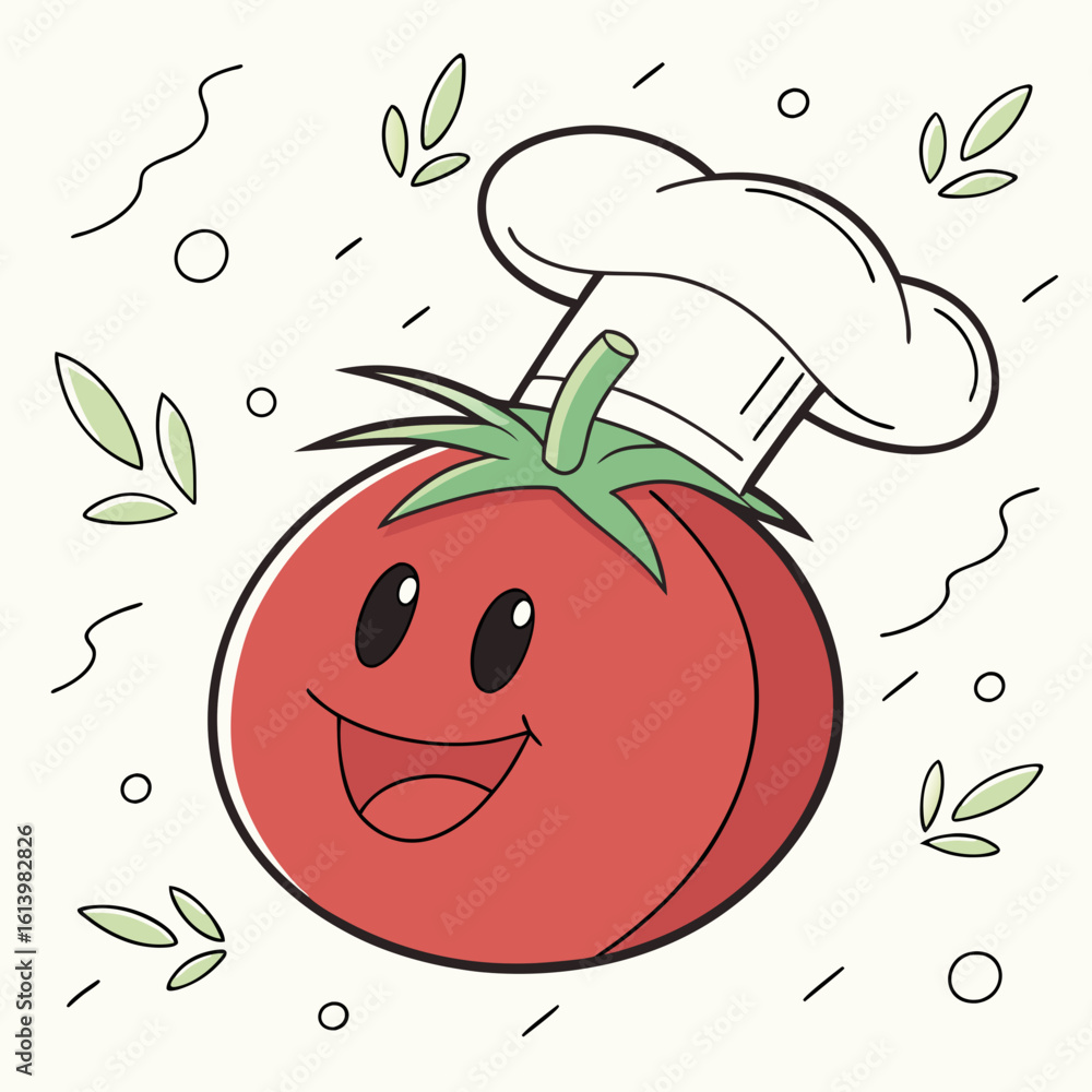 Obraz premium Happy tomato character wearing a chef hat with decorative leaves 