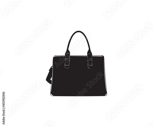 Isolated Black Silhouette Illustration of a Structured Shoulder Bag with Handles and a Strap