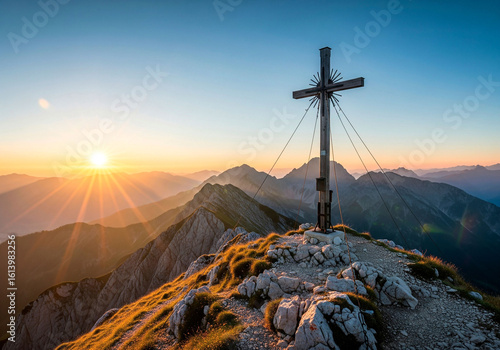 Lonely cross on mountain peak at sunset – ideal for spiritual visuals, memorial designs, religious publications, and reflection themes