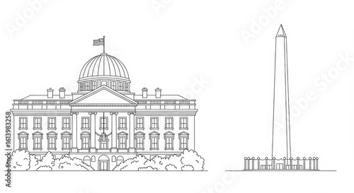 Wallpaper Mural Washington DC Landmarks Line Drawing - Simple line drawing illustration of the White House and Washington Monument, iconic American landmarks. Perfect for educational materials or travel guides Torontodigital.ca